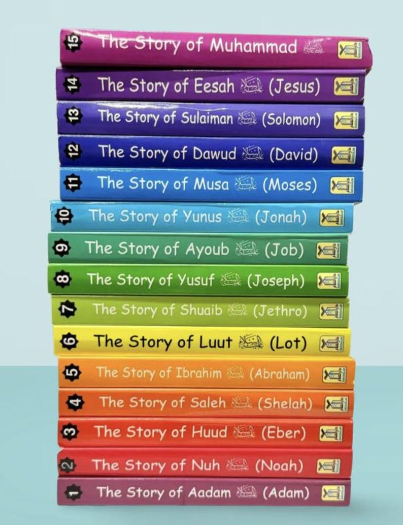 May include: A stack of colorful books titled "The Story of..." with various names in parentheses. The books are in a rainbow of colors, from red to purple, with gold accents. The books are likely educational or religious in nature.