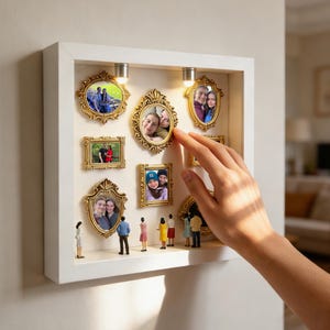 Może przedstawiać: Białe pudełko z cieniami z pozłacanymi ramkami na zdjęcia i miniaturowymi figurkami. Pudełko ma wbudowane światła i dłoń dotykającą zdjęcia. Zdjęcia przedstawiają ludzi, a figurki reprezentują ludzi.