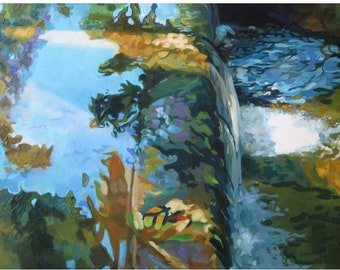Puede incluir: Pintura impresionista de una cascada que cae en un arroyo. La obra presenta una mezcla de azules, verdes y marrones, con reflejos del cielo y el follaje. Las pinceladas crean una representación texturizada y vibrante de la naturaleza.