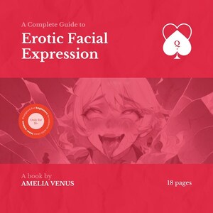 Könnte beinhalten: Ein roter Buchumschlag mit dem Titel "A Complete Guide to Erotic Facial Expression" in weißem Text. Das Cover zeigt eine Illustration einer Person mit herausgestreckter Zunge. Das Buch ist von Amelia Venus und hat 18 Seiten.