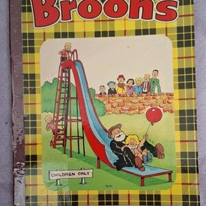 May include: A vintage copy of "The Broons" comic book. The cover shows a playground scene with a slide, children, and a yellow and black tartan background. Text includes "The Broons" and "Children Only".