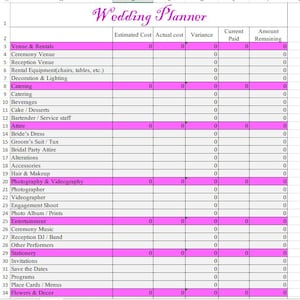 Peut inclure: Tableur intitulé "Wedding Planner" avec un en-tête violet. Le tableau comprend des catégories telles que Lieu, Traiteur, Tenue et Photographie. Les colonnes incluent Coût estimé, Coût réel, Variance, Payé actuel et Montant restant.