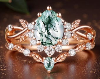 Pear Shape Moss Agate Engagement Ring Set Green Agate Wedding Ring Set Unique 14K Rose Gold Moss Agate Bridal Ring Set Anniversary Gift