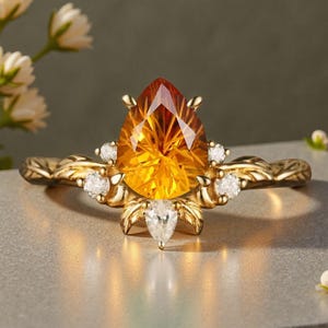 May include: A gold ring with a large, faceted, pear-shaped orange gemstone. The ring is embellished with smaller white gemstones and intricate leaf-like details. The band has a textured, floral design.