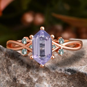 Vintage Lavender Amethyst Wedding Ring Art Deco Hexagon Cut Amethyst Engagement Ring Unique  Moss Agate Bridal Ring Anniversary Gift For Her