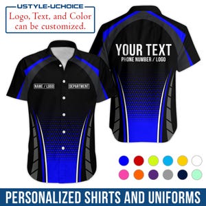 May include: Black short-sleeved shirt with blue and grey accents. The shirt features the text "YOUR TEXT" and "PHONE NUMBER / LOGO" on the back. The front has space for "NAME / LOGO" and "DEPARTMENT". The image also shows colour options and text that says "PERSONALIZED SHIRTS AND UNIFORMS".