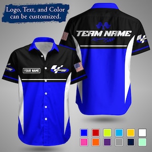 May include: A short-sleeved racing shirt in black, blue, and white, with the text "TEAM NAME" on the back. The shirt features a customizable "YOUR NAME" patch and a racing logo. The text "Logo, Text, and Color can be customized" is also visible.