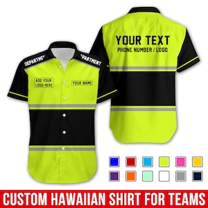 以下が含まれることがあります： チーム向けのカスタムハワイアンシャツ。黒とネオンイエローのデザインで、ロゴ、名前、テキスト用のスペースがあります。背中には「YOUR TEXT PHONE NUMBER/LOGO」と書かれています。