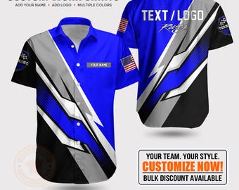 Camicia da lavoro personalizzata per la squadra di meccanici del team di corse, uniforme personalizzata con nome e logo, camicia con bottoni per team di sport motoristici, abbigliamento da lavoro per officine di elaborazione.