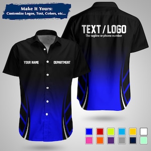 May include: Black and blue button-down shirt with customizable text fields for "YOUR NAME" and "DEPARTMENT". The back of the shirt features a "TEXT/LOGO" area with a tagline. The design includes a blue gradient and white accents.
