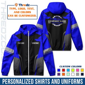 May include: Blue, black, and gray personalized jacket with a hood. The jacket has reflective stripes on the sleeves and the text "YOUR NAME" and "DEPARTMENT" on the front. The back of the jacket has a company logo and the words "COMPANY NAME". The text "TYPE, LOGO, TEXT, AND COLORS CAN BE CUSTOMIZED" is also visible.