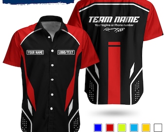 Custom Racing Team Button Shirt – Personalized Name Logo, Mechanic Crew Uniform, Motorsport Work Shirt