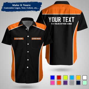 May include: Black short-sleeved shirt with orange and white detailing. The shirt has the text "YOUR NAME" and "DEPARTMENT" on the front, and "YOUR TEXT" on the back. The design is customisable with logos, text, and colours.