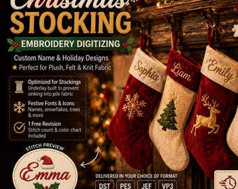 Christmas Stocking Embroidery Digitizing | Holiday Name File | DST PES Files | Custom Family Stocking Design