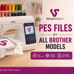 Op de afbeelding: Een witte Brother-borduurmachine met een digitaal scherm dat een paars logo toont en hetzelfde logo op witte stof borduurt. Tekst: VectorStitch, PES FILES for ALL BROTHER MODELS, FAST, PRECISE DIGITIZING, PES FORMAT READY TO STITCH.