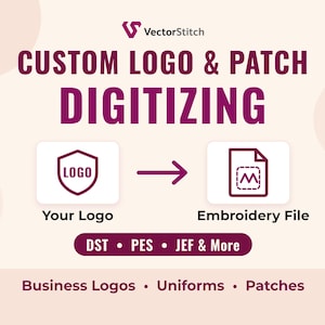May include: A digital graphic for custom logo and patch digitizing services. It features the VectorStitch logo, a shield icon labeled Logo, an arrow pointing to an embroidery file icon, and text listing file formats DST, PES, JEF.