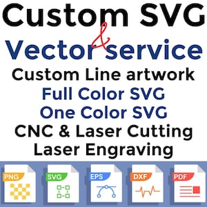 Pode incluir: Imagem que promove serviços SVG e vetoriais personalizados. O texto inclui "Custom SVG & Vector service", "Custom Line artwork", "Full Color SVG", "One Color SVG", "CNC & Laser Cutting" e "Laser Engraving". Ícones de tipo de arquivo para PNG, SVG, EPS, DXF e PDF.