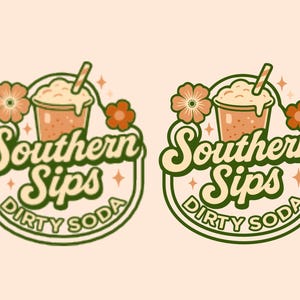 May include: A vintage-style logo for "Southern Sips Dirty Soda" in green and cream colors. The design features a soda cup with a straw, flowers, and the text "Southern Sips" above "Dirty Soda" in a circular frame, all set against a peach background.