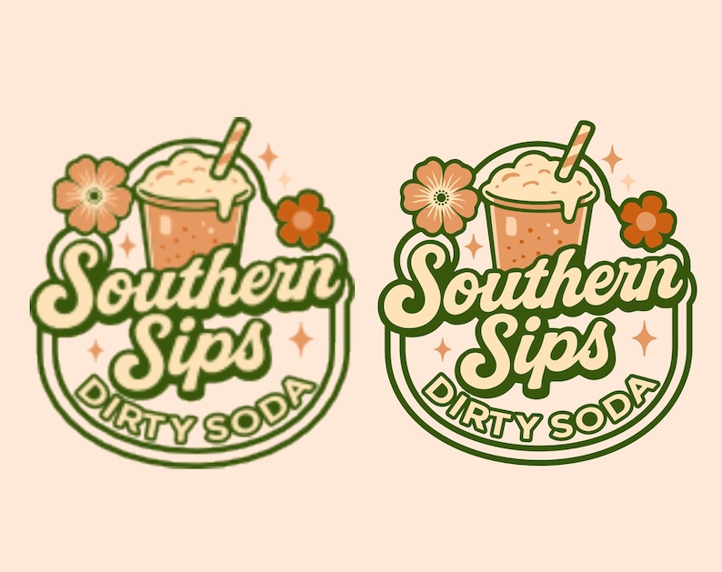 May include: A vintage-style logo for "Southern Sips Dirty Soda" in green and cream colors. The design features a soda cup with a straw, flowers, and the text "Southern Sips" above "Dirty Soda" in a circular frame, all set against a peach background.