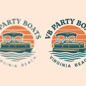 May include: A teal and yellow pontoon boat illustration with the text "VB PARTY BOATS VIRGINIA BEACH" in a circular design. The boat is on a blue water background with an orange and yellow sunset.