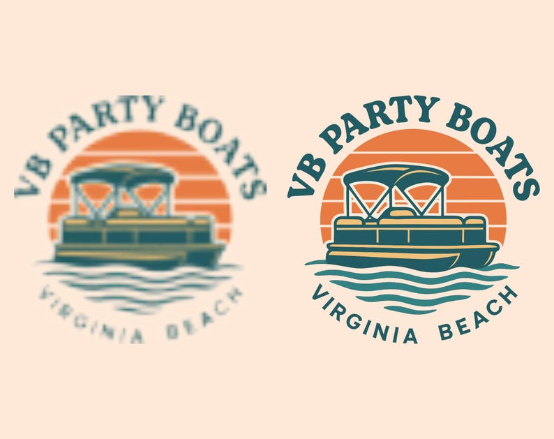 May include: A teal and yellow pontoon boat illustration with the text "VB PARTY BOATS VIRGINIA BEACH" in a circular design. The boat is on a blue water background with an orange and yellow sunset.