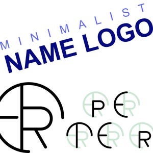 Pode incluir: Um design de logotipo minimalista com as palavras "MINIMALIST NAME LOGO" em azul. O design inclui um logotipo circular preto com as letras "ER" no interior e várias variações em verde claro.