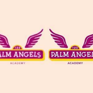 May include: A logo featuring the text "PALM ANGELS" in white letters on a purple rectangle with a yellow border. Above the text are two purple wings and a yellow arch with the number "123". The word "ACADEMY" is below the text.