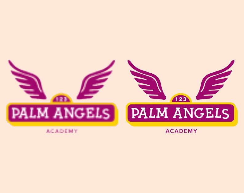 May include: A logo featuring the text "PALM ANGELS" in white letters on a purple rectangle with a yellow border. Above the text are two purple wings and a yellow arch with the number "123". The word "ACADEMY" is below the text.