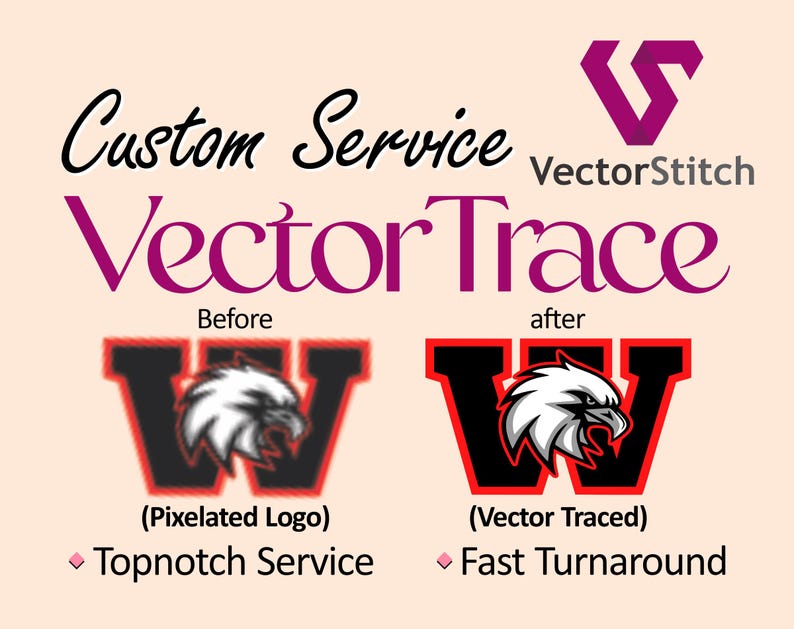 May include: An image showcasing a vector tracing service. The text reads "Custom Service Vector Trace" with a before and after comparison of a logo. The "before" image is pixelated, and the "after" image is a vector trace.