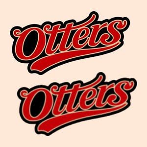 May include: Two instances of the word "Otters" in a script font. The word is red with a black outline and a cream-colored shadow. The background is a light peach color. The top instance is in focus, while the bottom instance is slightly blurred.