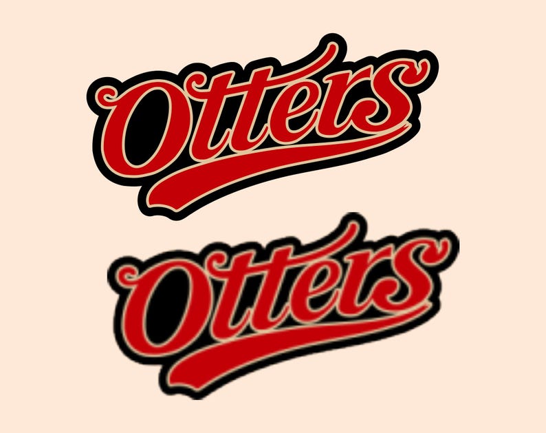 May include: Two instances of the word "Otters" in a script font. The word is red with a black outline and a cream-colored shadow. The background is a light peach color. The top instance is in focus, while the bottom instance is slightly blurred.