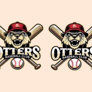 May include: A baseball club logo featuring an otter wearing a red baseball cap, with crossed baseball bats behind it. The otter has an aggressive expression. The words "OTTERS BASEBALL CLUB" are displayed below the otter and a baseball.