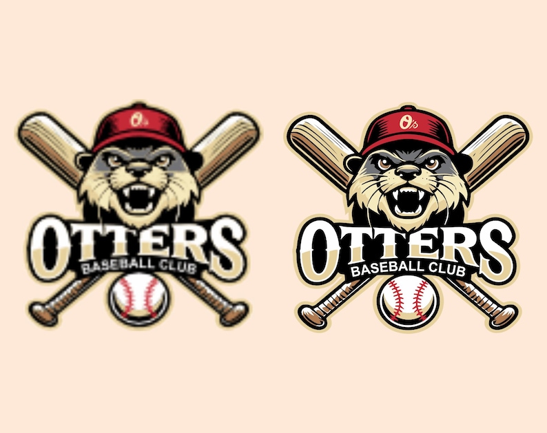 May include: A baseball club logo featuring an otter wearing a red baseball cap, with crossed baseball bats behind it. The otter has an aggressive expression. The words "OTTERS BASEBALL CLUB" are displayed below the otter and a baseball.
