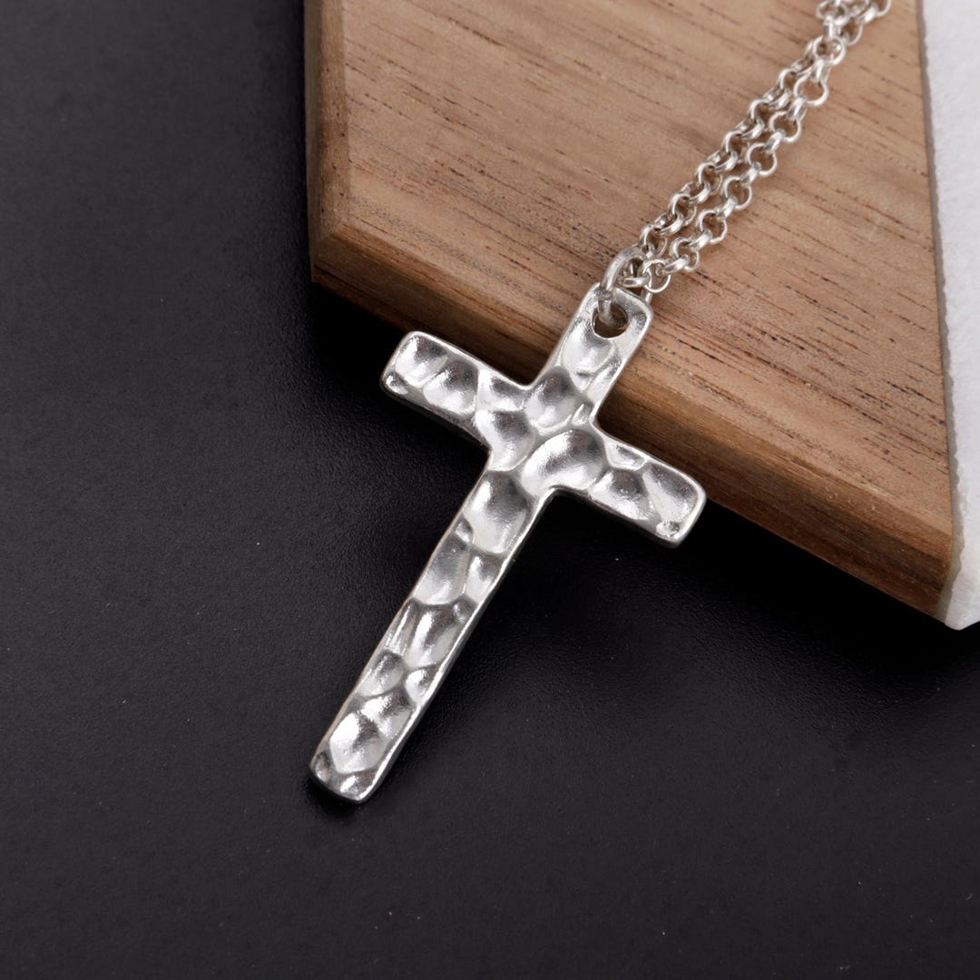 925 Sterling Silver Cross Pendant Necklace Solid Hammered Cross Chain ...