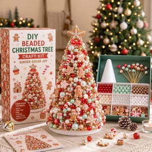 May include: A DIY beaded Christmas tree craft kit featuring a box with the text DIY BEADED CHRISTMAS TREE GINGER-BREAD JOY, a fully assembled cone-shaped tree decorated with red, green, and gold beads, gingerbread figures, and a star topper.