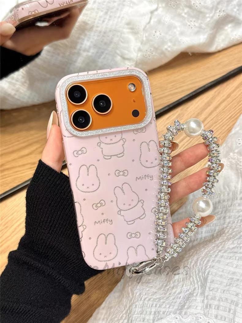 Silver Glitter Line Art Miffy iPhone Cases, iPhone 17 Pro Max Case