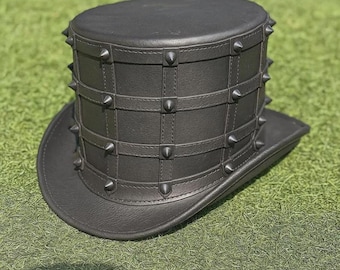 Black Leather Studded Top Hat – Gothic Steampunk Spiked Grid Design Festival Cosplay Costume Accessory