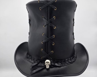 Gothic Black Leather Corset Top Hat with Braided Trim | Victorian Steampunk Statement Hat Gift