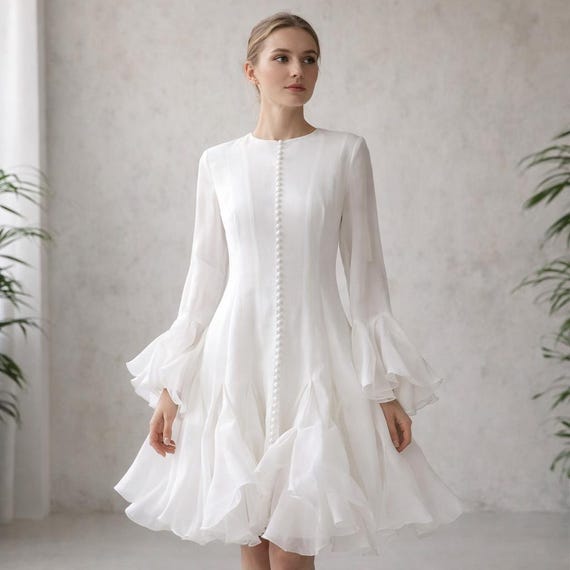 Elegant Ruffle Knee-length Dress for Women, Flare Sleeve, High Waist,  A-line Button Dress - Etsy Israel