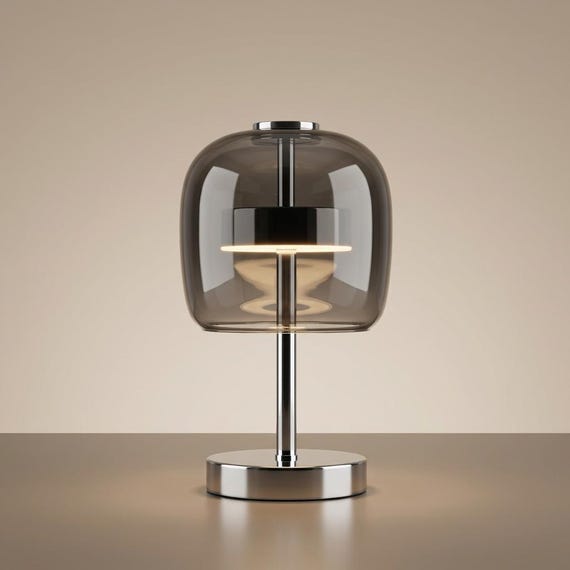 Modern Mushroom Lamp Glass Table Lamp - Smoked Grey Bedside Light with Chrome Base - Minimalist LED Desk Lamp for Home Decor