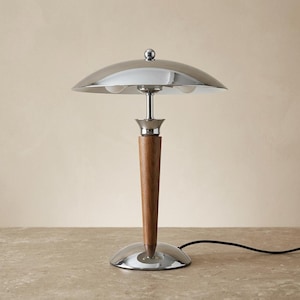 Modern Mushroom Lamp - Mid Century Walnut Wood & Polished Chrome Table Lamp - Minimalist Bedside Light for Living Room And Office