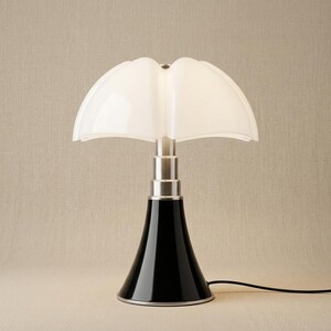 May include: A modern table lamp with a black conical base and a white, petal-shaped shade. The lamp has a silver-colored stem and a black power cord. The design is sleek and contemporary, suitable for a living room or bedroom.