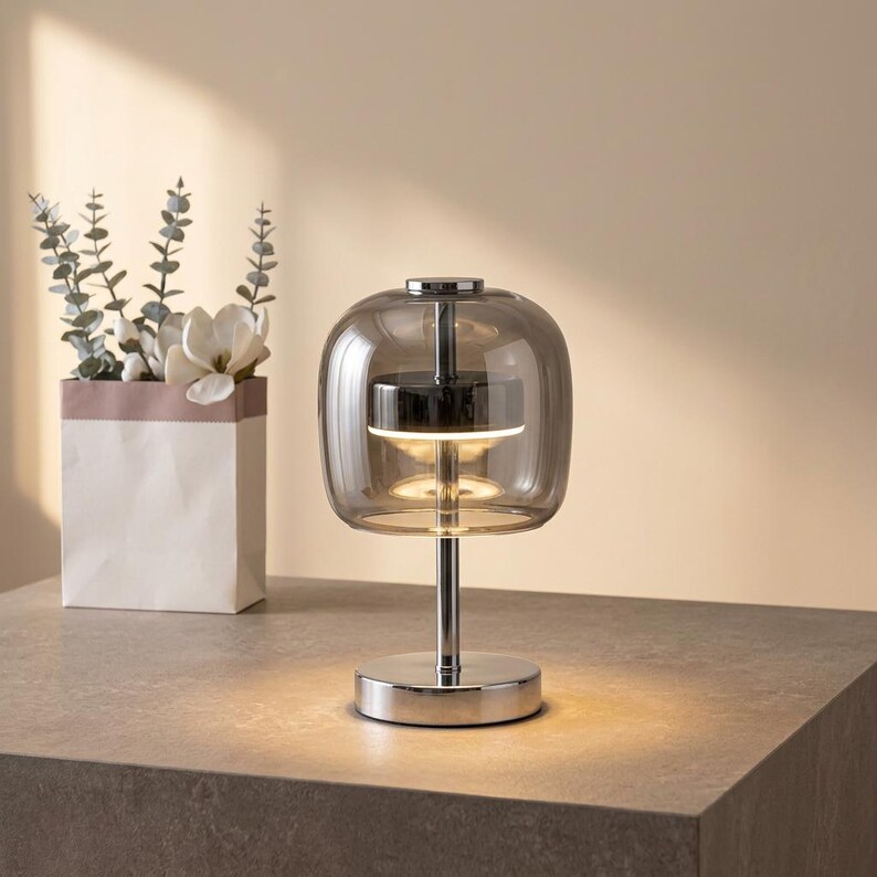 A contemporary minimalist table lamp consisting of a large, rounded-rectangular dome shade made of translucent smoked charcoal grey glass. The dome is supported by a central vertical stem made of polished chrome with a mirror-like silver finish. The lamp exhibits a sleek, architectural design with high-reflectivity on all metal components and a soft, diffused light output that radiates from the center of the dome.