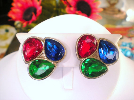 1980s Ultra Glam Jewel Tone Rhinestone Cluster Cl… - image 1