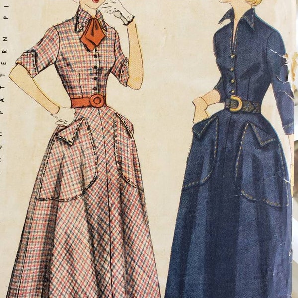 1949 Button Front Dress with Patch Pockets, Ascot, Collar and Cuffs Sewing Pattern 3001, Size 14, Bust 32, Factory Folded Uncut