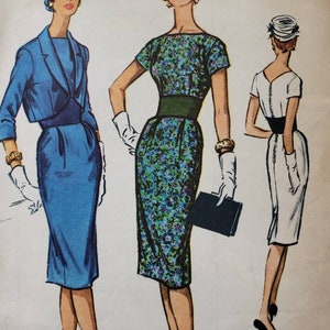 May include: Three vintage illustrations of women wearing different dresses. The woman on the left is wearing a blue dress with a matching jacket. The woman in the center is wearing a green floral dress with a black belt. The woman on the right is wearing a white dress with a black belt.