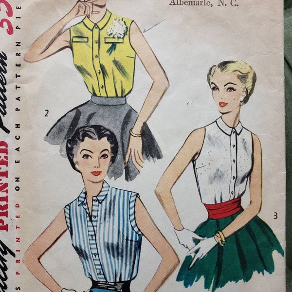 1953 Button Front Blouse With Unique Flower Holder Flap Sewing Pattern 4238, Size 16, Bust 34