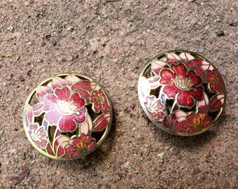 1980s Pink Cloissone Flower Earrings