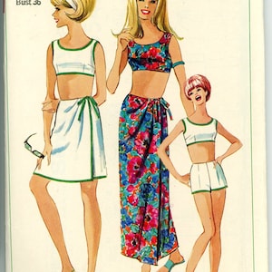 May include: Vintage Simplicity sewing pattern featuring illustrations of three women in swimwear. The pattern includes a white top and skirt, a floral top and sarong, and a white top and shorts. The pattern number is 6547.