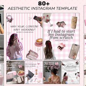 May include: A collection of 80+ aesthetic Instagram templates featuring pink and white color schemes, various lifestyle imagery, and text overlays including phrases like Why Your Content Isn't Working and Faceless Digital Marketing.